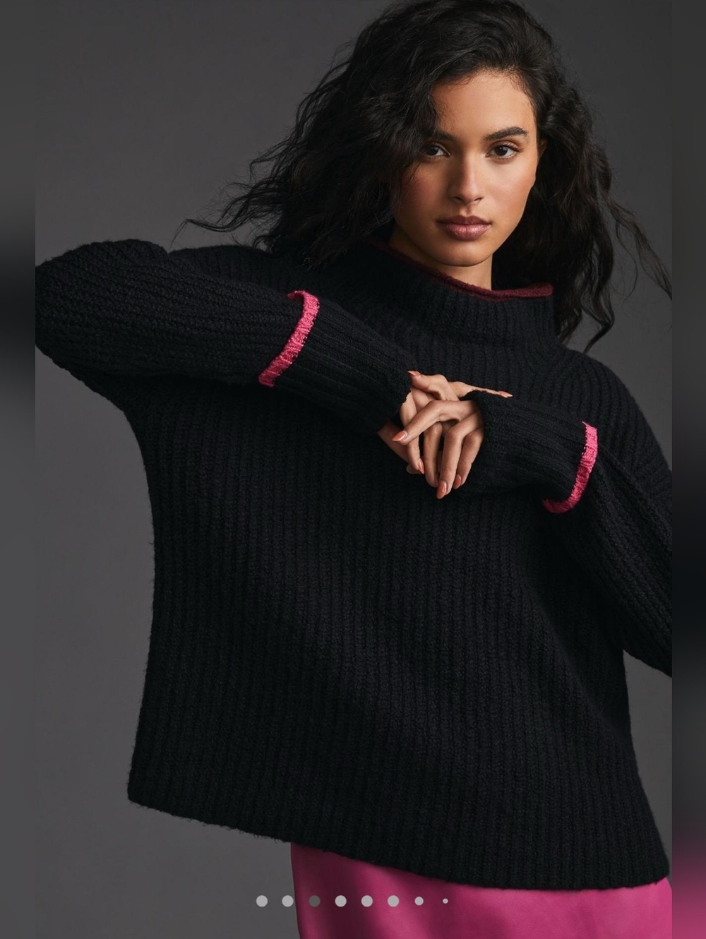 Anthropologie Maeve Black Mock Neck Ribbed Sweater Pink Trim M - Picture 3 of 9